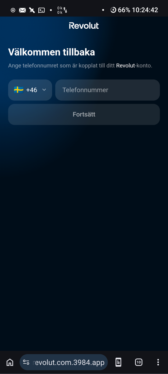Investigator, handset on mobile data, 2026-09-30T08:24:43Z: landing screen, nothing entered.