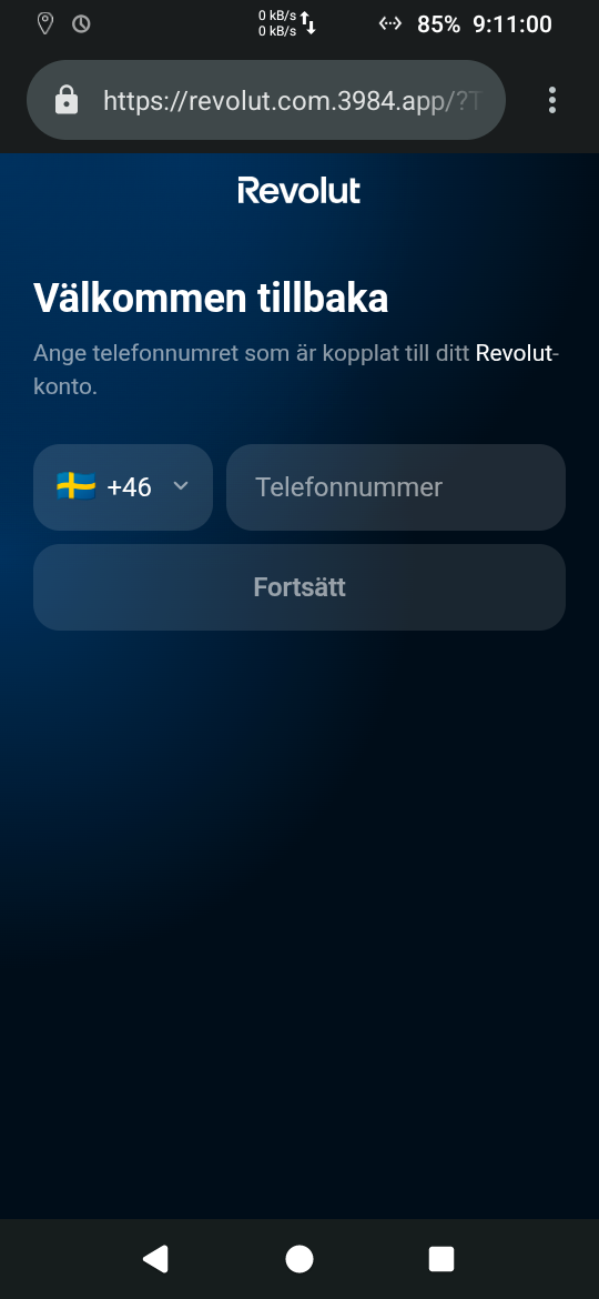 Investigator, Waydroid browser through mitmproxy, 2026-09-30T09:11:00Z: landing screen, nothing entered (section 11 on the capture’s network path).