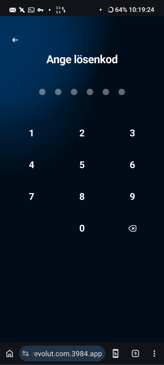 Recipient’s phone, 10:19:24 CEST: the kit’s passcode screen, ‘Ange lösenkod’, six digits, shown after the invalid number (section 6).