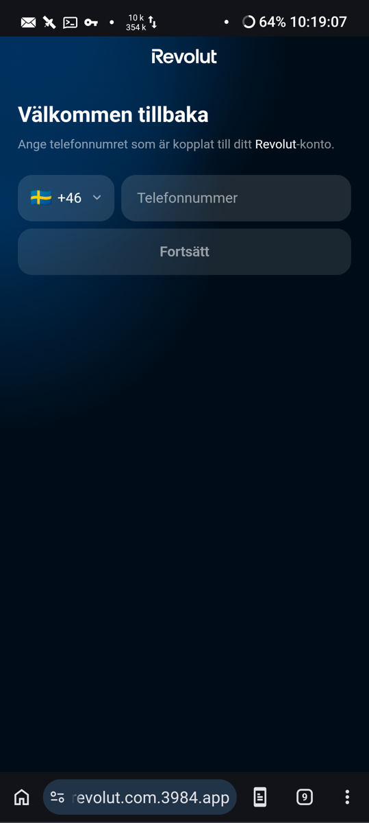 Recipient’s phone, 10:19:07 CEST: the landing screen, ‘Välkommen tillbaka’, +46 preselected.