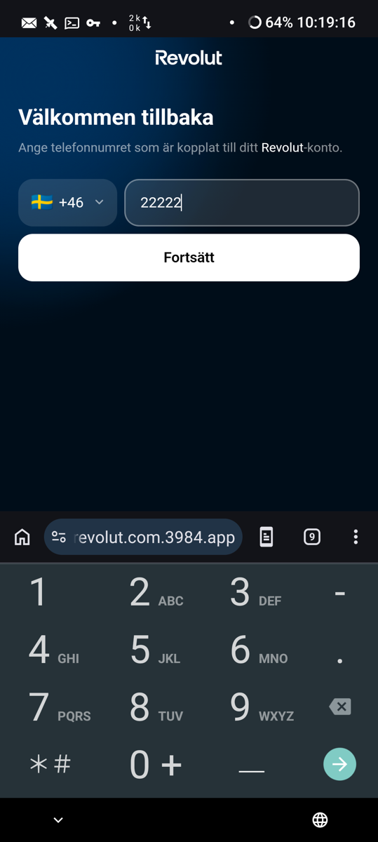 Recipient’s phone, 10:19:16 CEST: the fabricated number 22222 typed after +46. Recipient’s own action, outside the investigation’s no-data-entry rule.